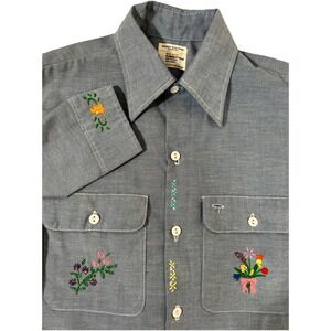 Vintage  70s JC Penney Big Mac Shirt Womens‎ Small Blue Embroidered Cottagecore